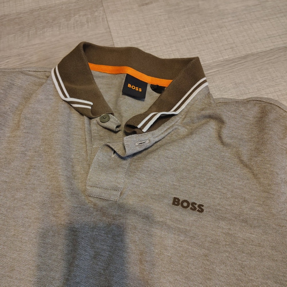 Hugo Boss Mens Polo Shirt Medium Brown Tan Pique Short Sleeve Logo Tee short
